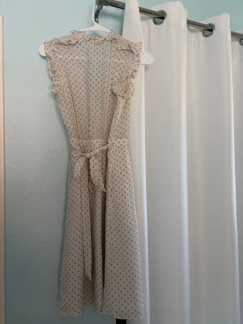Rebecca Taylor Cream Midi Wrap Dress with Blue Dot Print - Picture 3 of 3